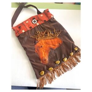 Vintage Mixed Media Quilted Cowgirl Horse Rustic Button-Closure Tassel Tote Bag